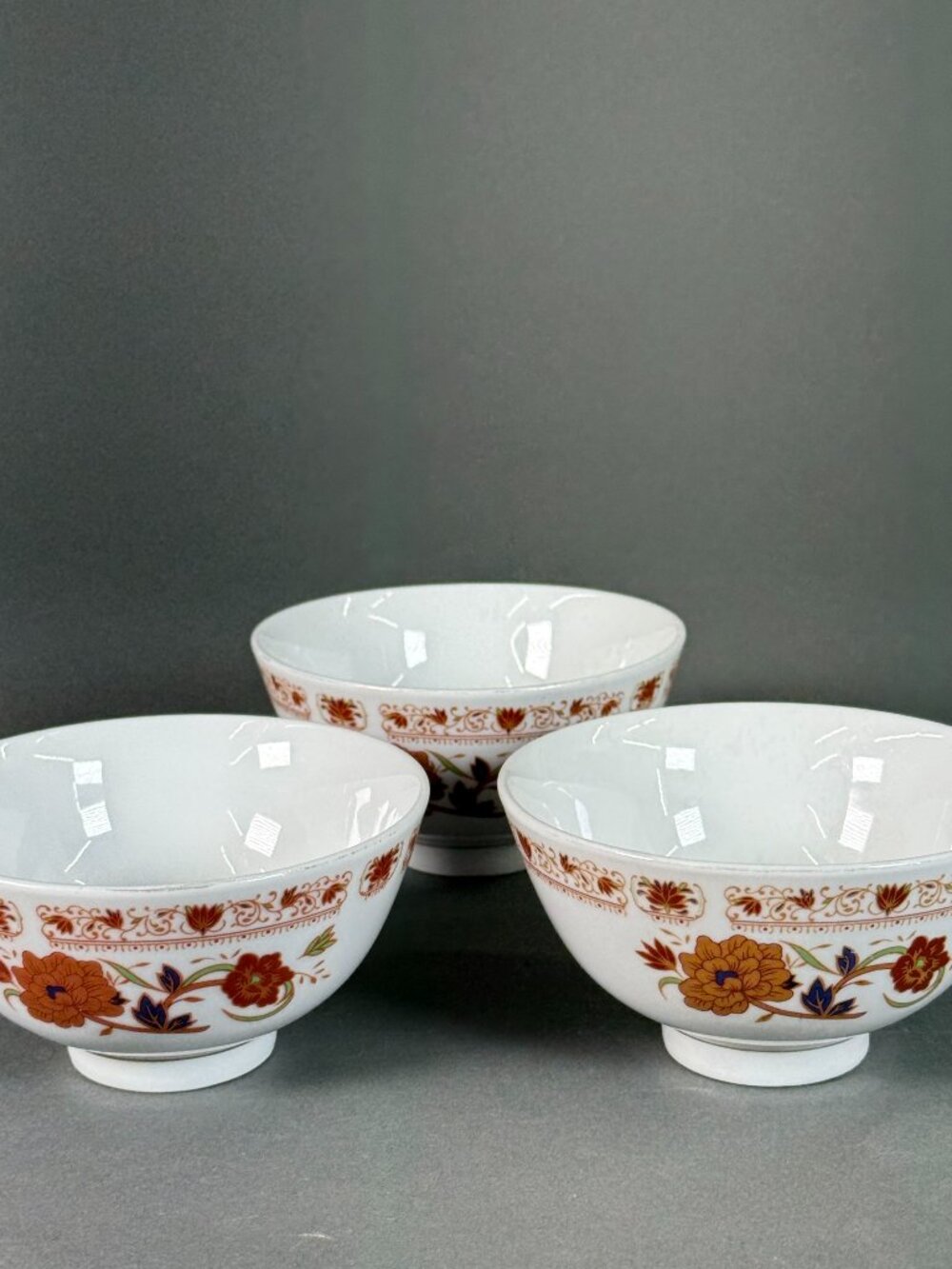 Vintage Cathay Xiamen China Porcelain Floral Rice Soup Bowls Set 3 Rust Orange